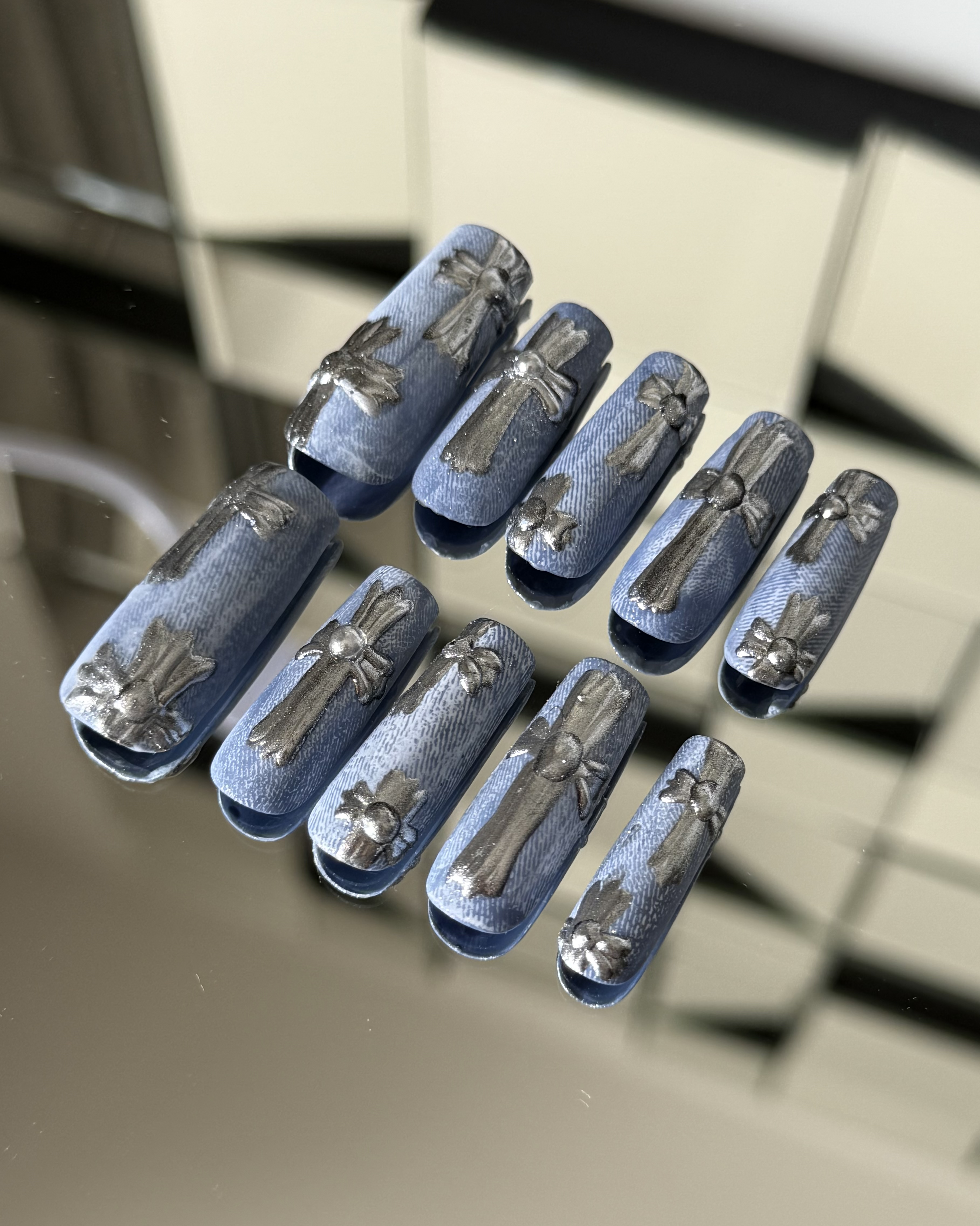 Blue Denim Design Nail Art 3D Silver Chrome Crosses